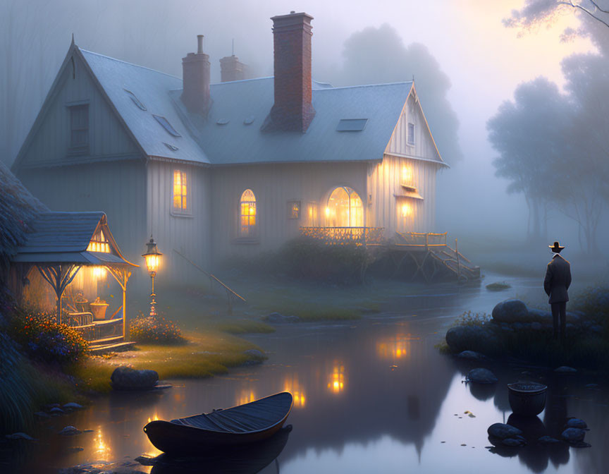 Serene lakeside evening with mist, boat, and cozy house