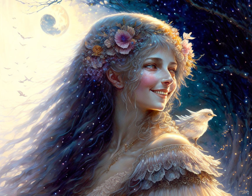 Smiling woman with flowers and bird under moonlit sky