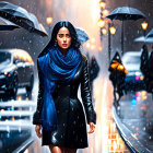 Group of people with umbrellas walking in rain on city street at night