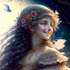 Smiling woman with flowers and bird under moonlit sky