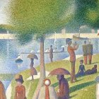 Impressionist painting of elegantly dressed people by a sunny lake