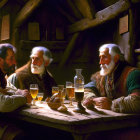 Elderly men in historical clothing chatting at tavern table