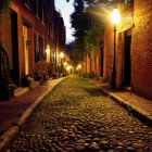 Romantic couple strolling on cobblestone street at twilight