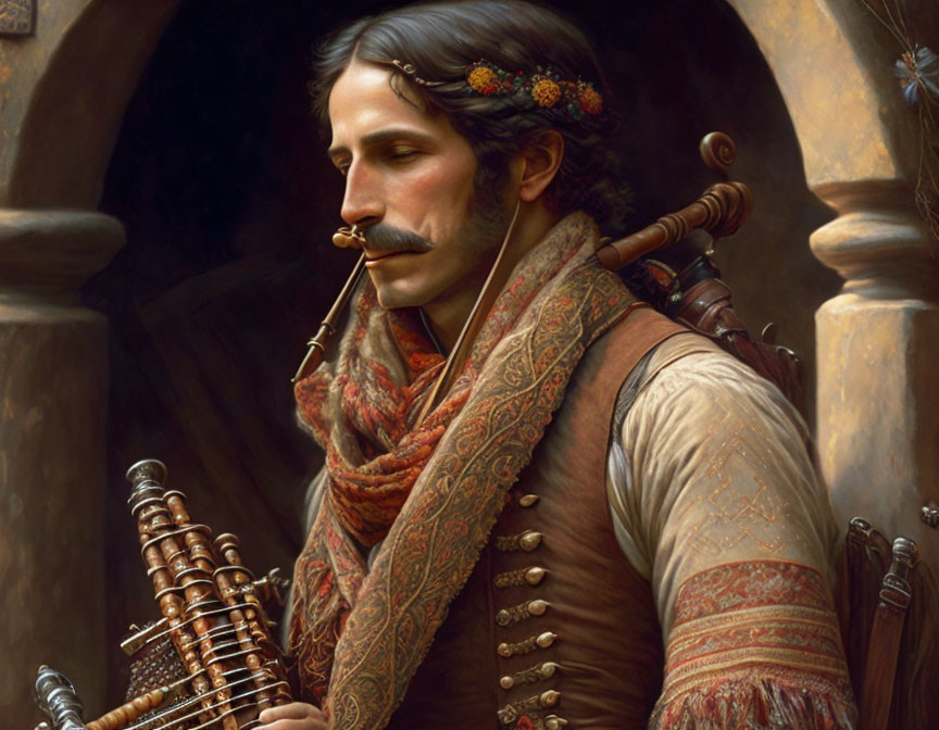 Portrait of a contemplative man with a mustache, wearing a flower crown and holding a bagpipe