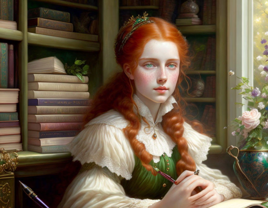 Red-haired woman in green dress by window with books, flowers, and quill pen