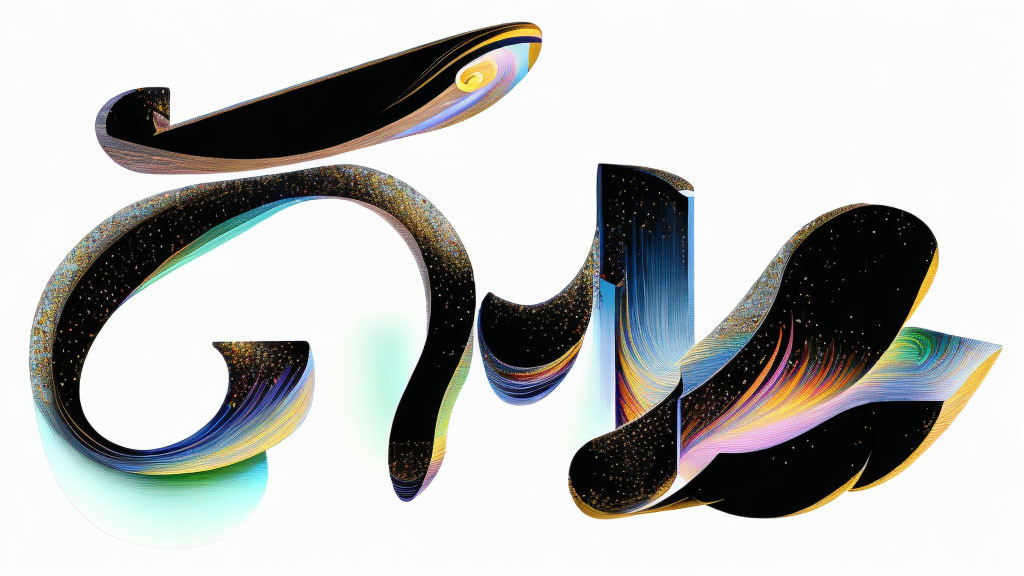 Cosmic-themed rendition of the word "GALAXY" with swirling patterns on white background