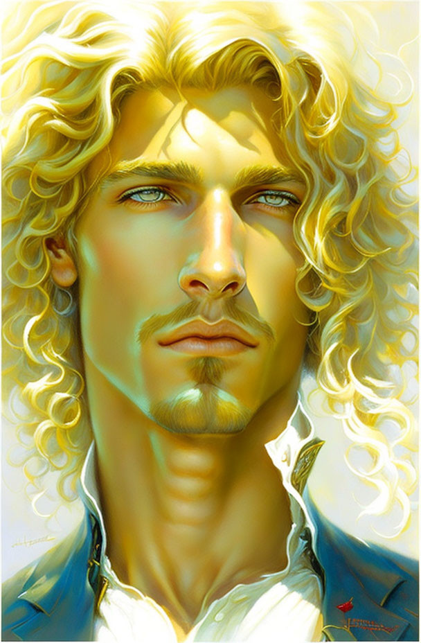 Illustration of man with curly blonde hair and blue eyes on yellow background