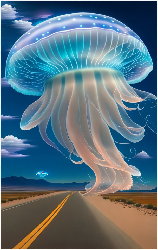 Giant jellyfish surreal illustration in desert twilight