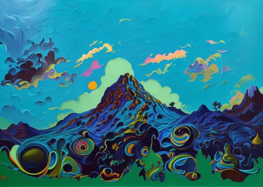 Colorful Surreal Landscape Painting with Mountain and Sunset Sky