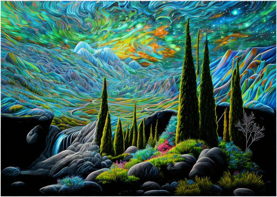 Colorful landscape with swirling skies and cypress trees under starry night