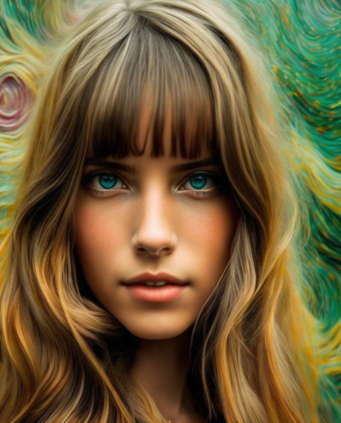 Portrait of young woman with blue eyes and wavy hair on colorful background