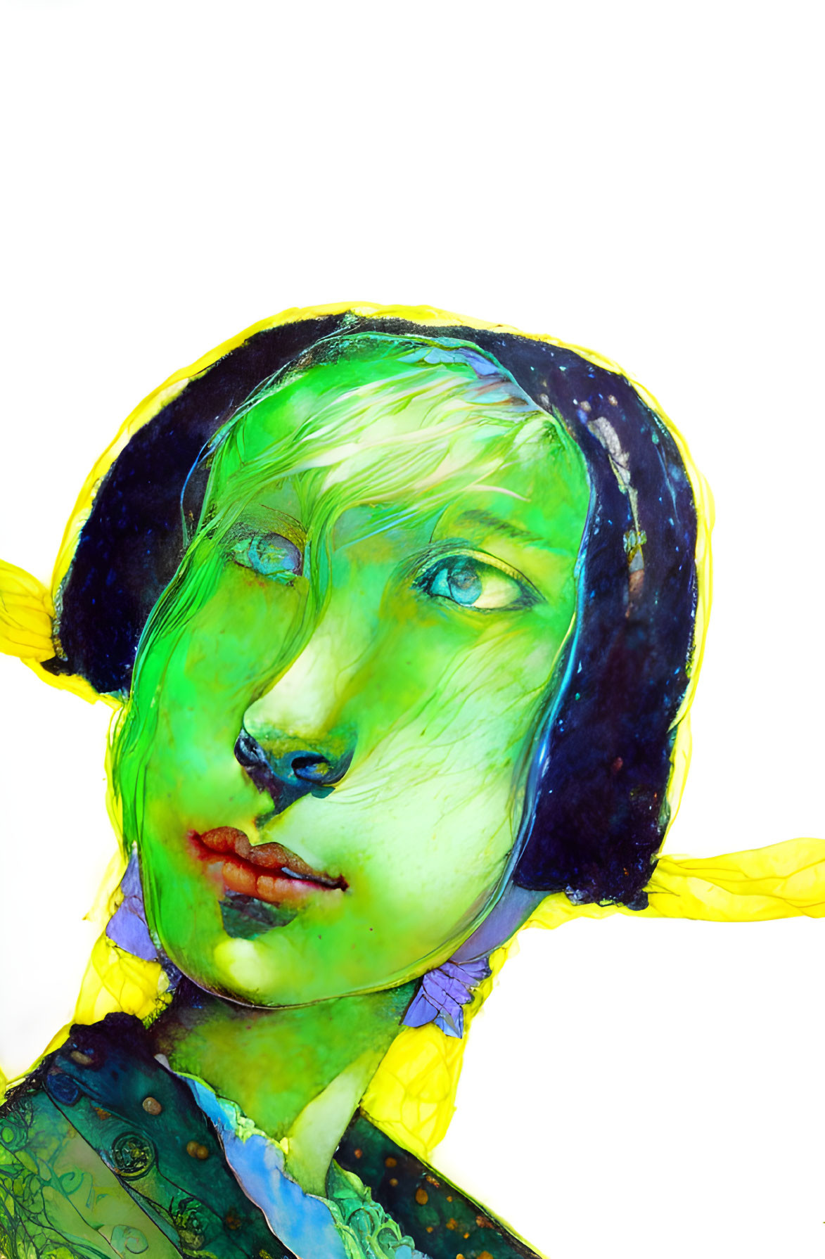 Vibrant Green and Yellow Female Figure Artwork