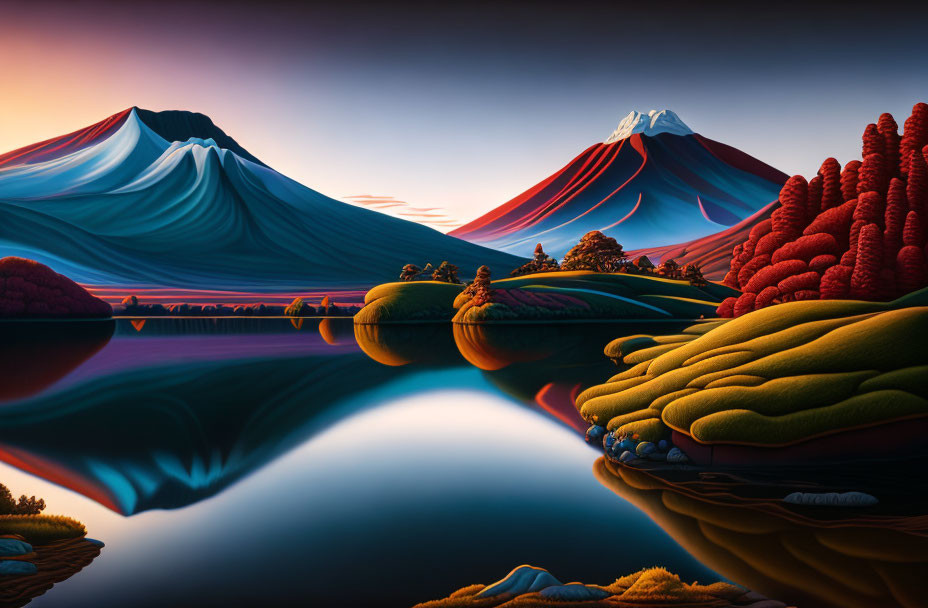 Vividly colored surreal landscape with stylized mountains and reflective lake