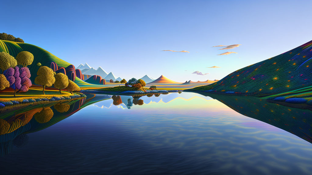 Vibrant surreal landscape: stylized flora, undulating hills, reflective lake, pointed mountains.