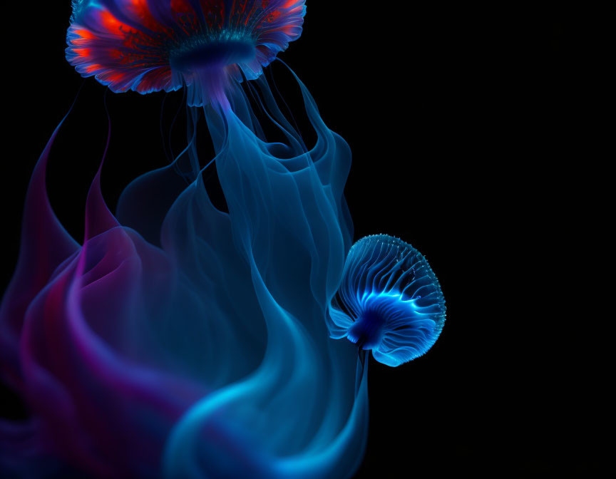 Colorful jellyfish with neon blue and red hues in dark ocean setting