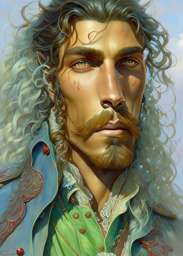 Detailed digital artwork of man with curly hair, mustache, golden eyes, ornate clothing