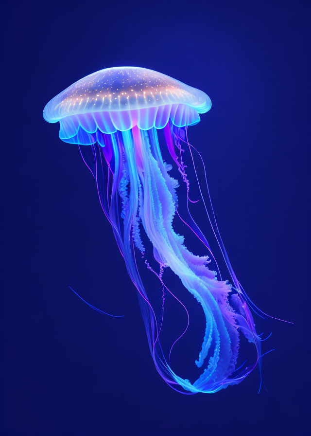 Bioluminescent jellyfish in blue and purple on dark background