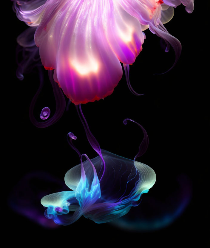 Glowing pink jellyfish with translucent body and tentacles on dark backdrop