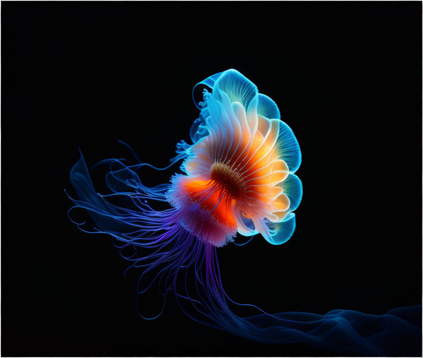 Bioluminescent jellyfish with long glowing tentacles in neon blue and orange