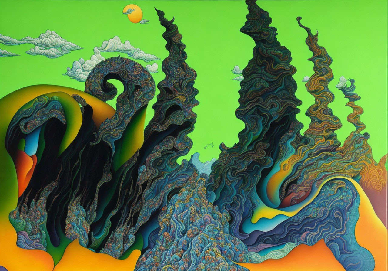 Vibrant psychedelic artwork with swirling waves and mountain-like patterns