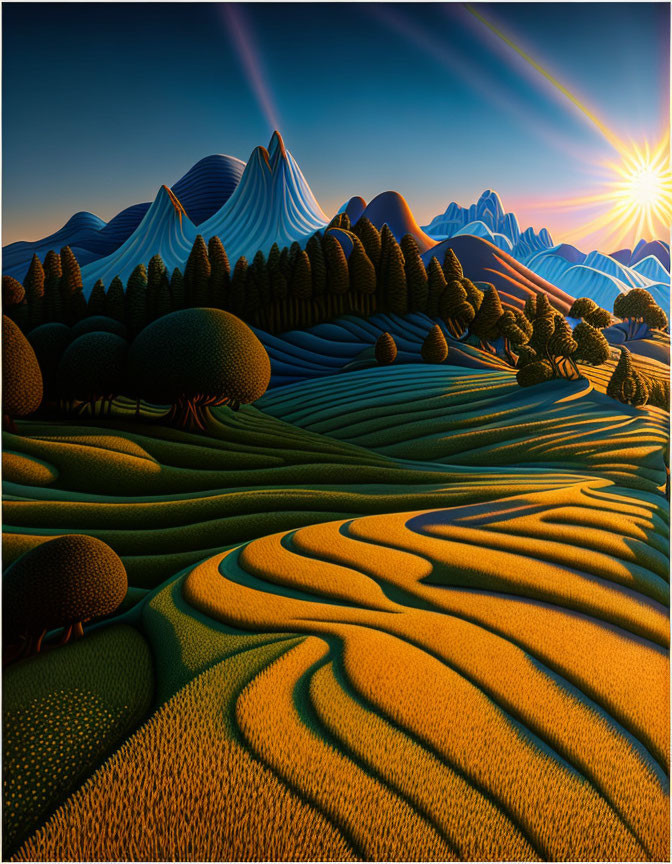 Vibrant surreal landscape with rolling hills and mountains under sunburst sky