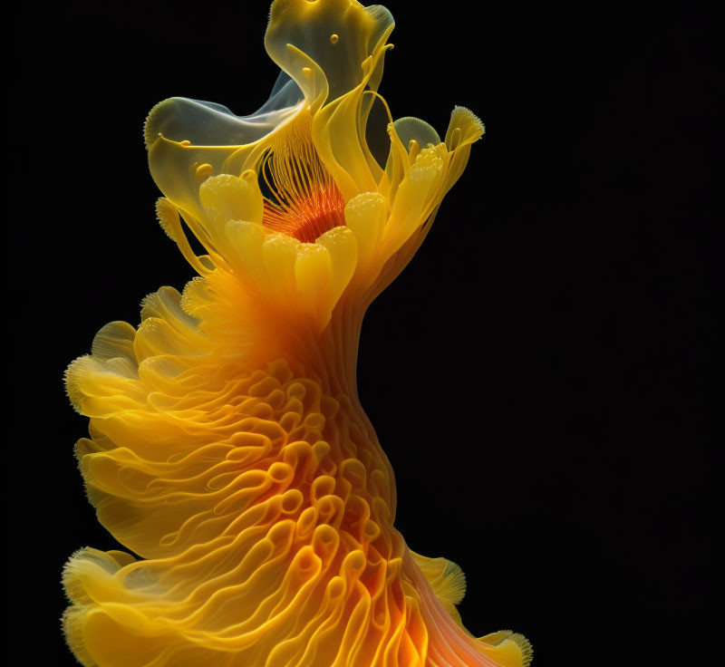 Vibrant Yellow and Orange Sea Creature with Translucent Frills on Dark Background