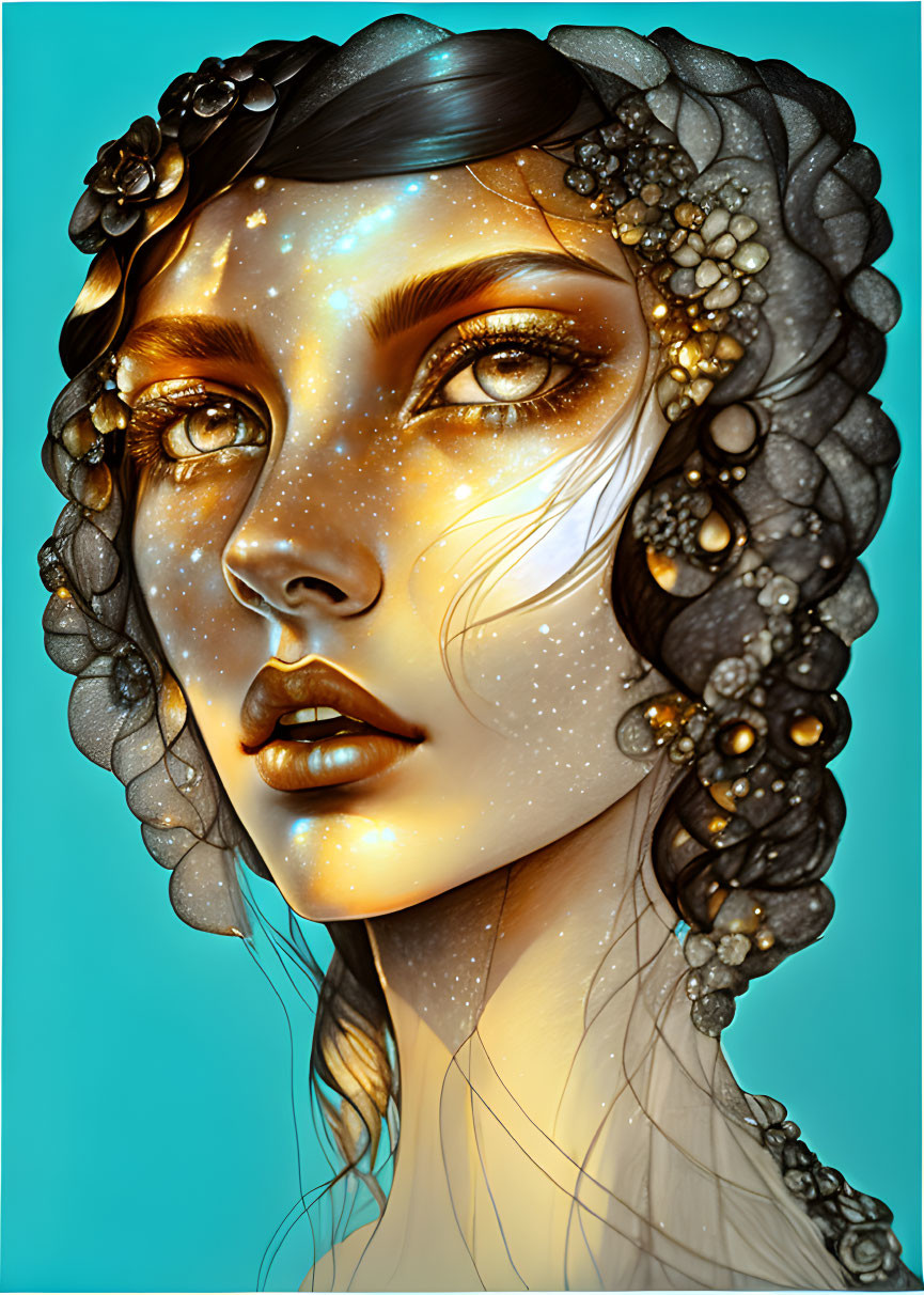 Starry woman with golden floral accents on turquoise background