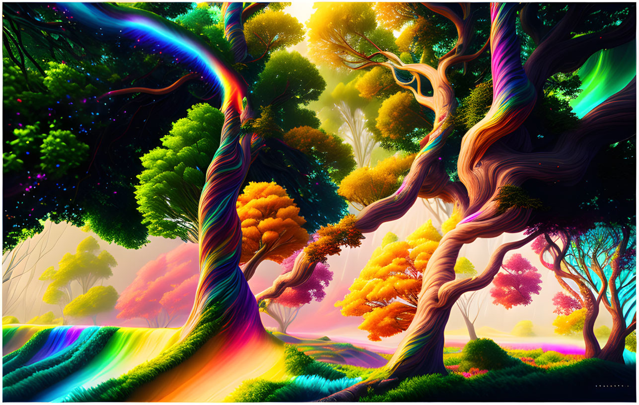 Colorful Rainbow Trees in Vibrant Forest Scene