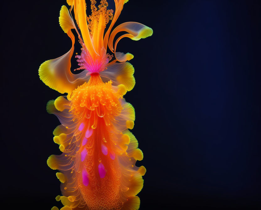 Colorful Orange and Yellow Jellyfish Swimming in Dark Blue Water