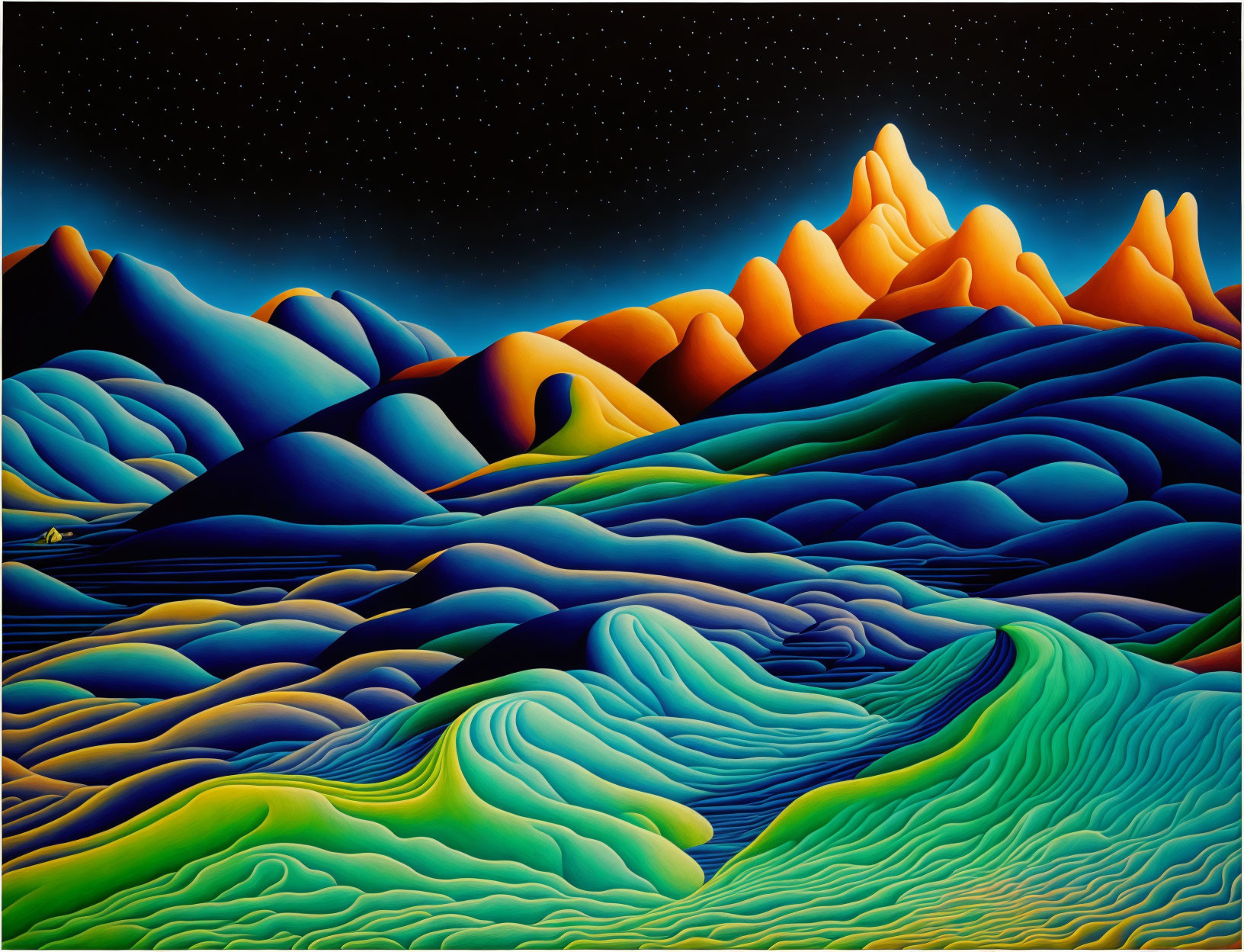 Stylized landscape with rolling hills and colorful mountains