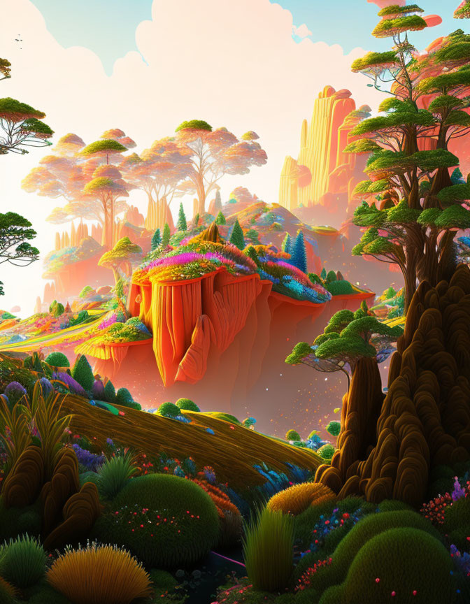 Fantastical landscape with floating islands and lush forests