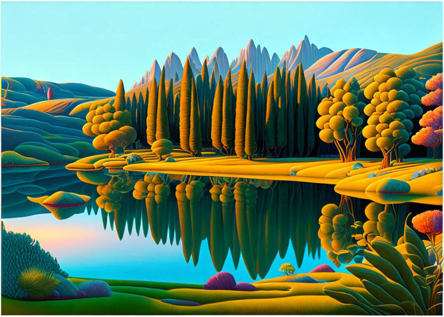 Colorful landscape painting with green hills, trees, and serene lake.