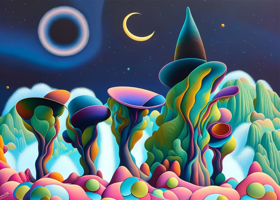 Colorful Mushroom Landscape Under Night Sky with Moon and Planet