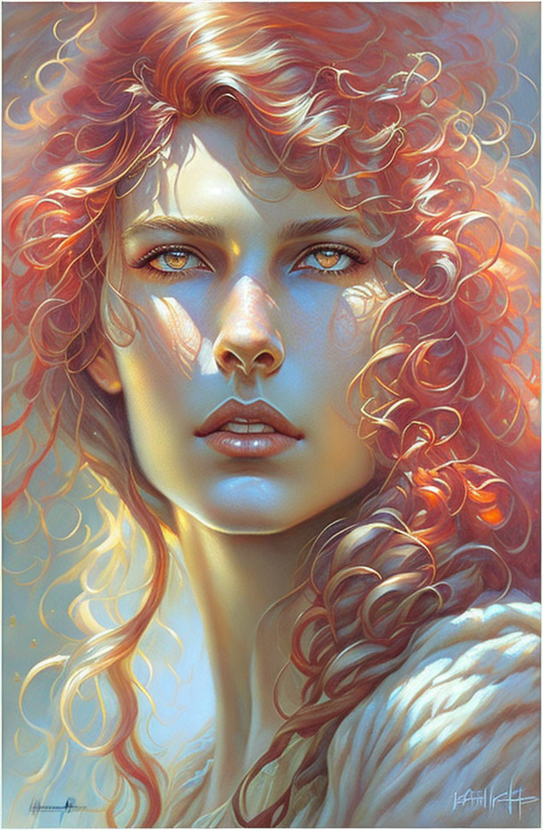 Portrait of Woman with Wavy Red Hair and Blue Eyes