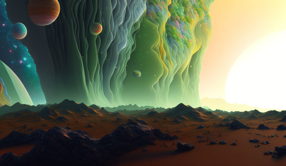 Surreal landscape with green cliffs, hovering planets, rocky desert, warm sun