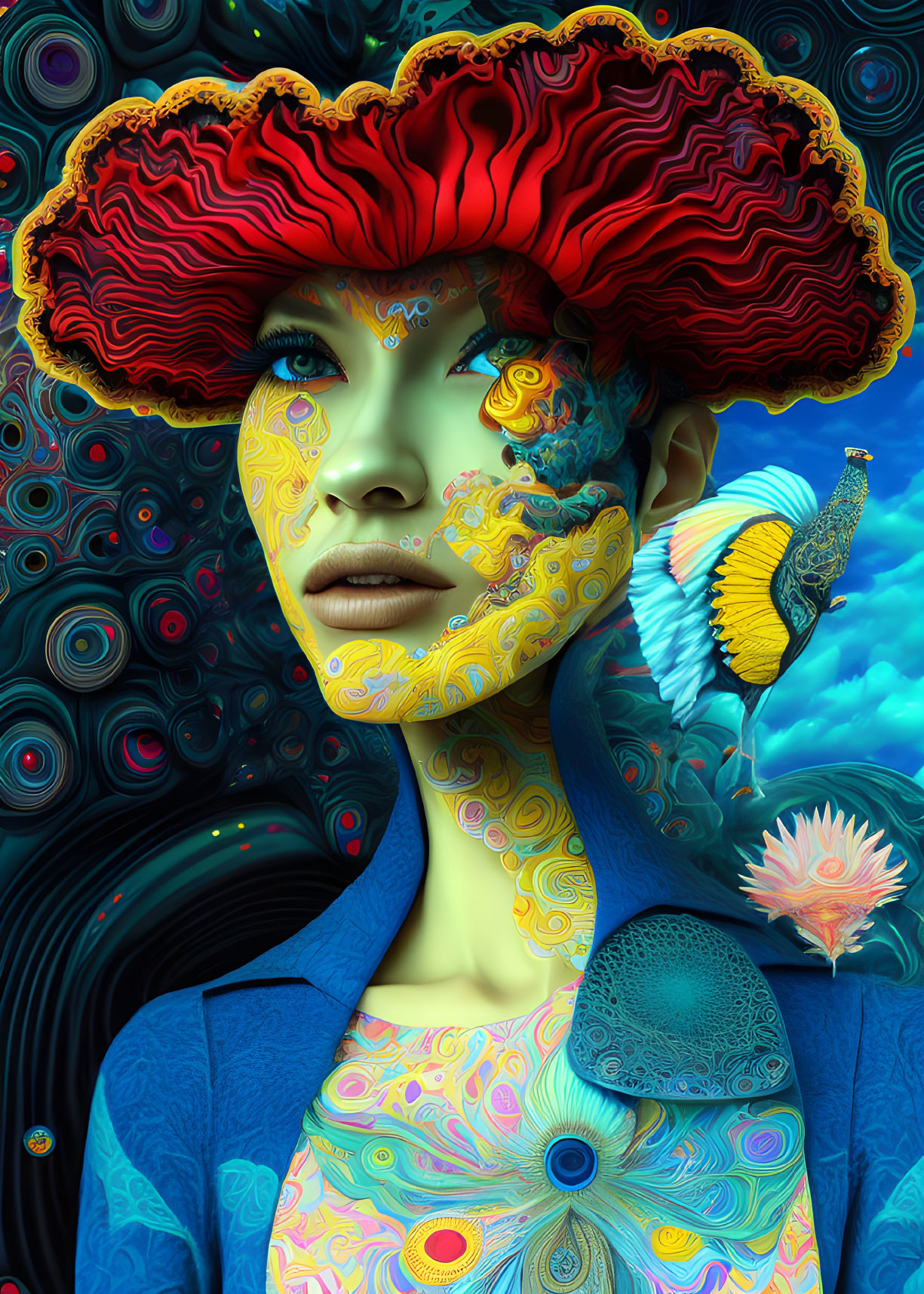 Colorful digital artwork: person with psychedelic patterns and coral headdress against swirling background