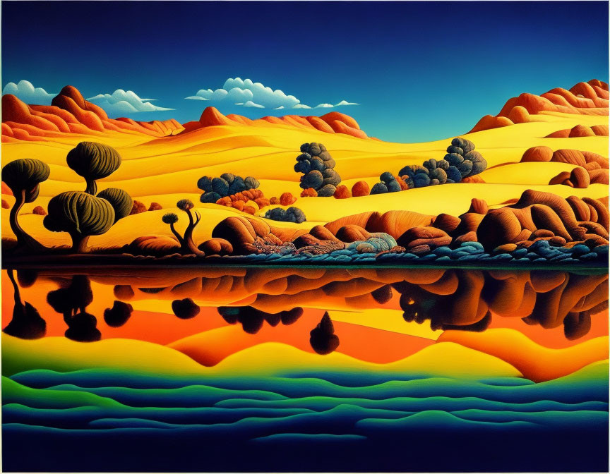 Surreal desert landscape with sand dunes, stylized trees, and reflective water body in vibrant