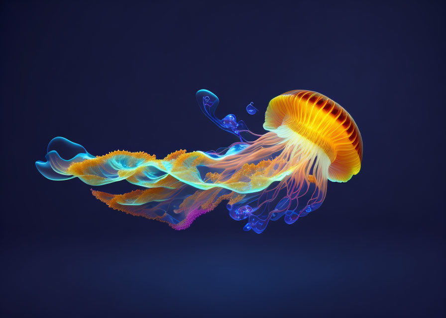 Translucent jellyfish with orange and blue hues on dark blue background