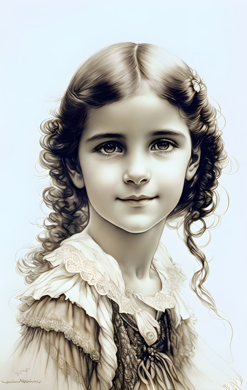 Young girl with curly hair in Victorian-style dress illustration