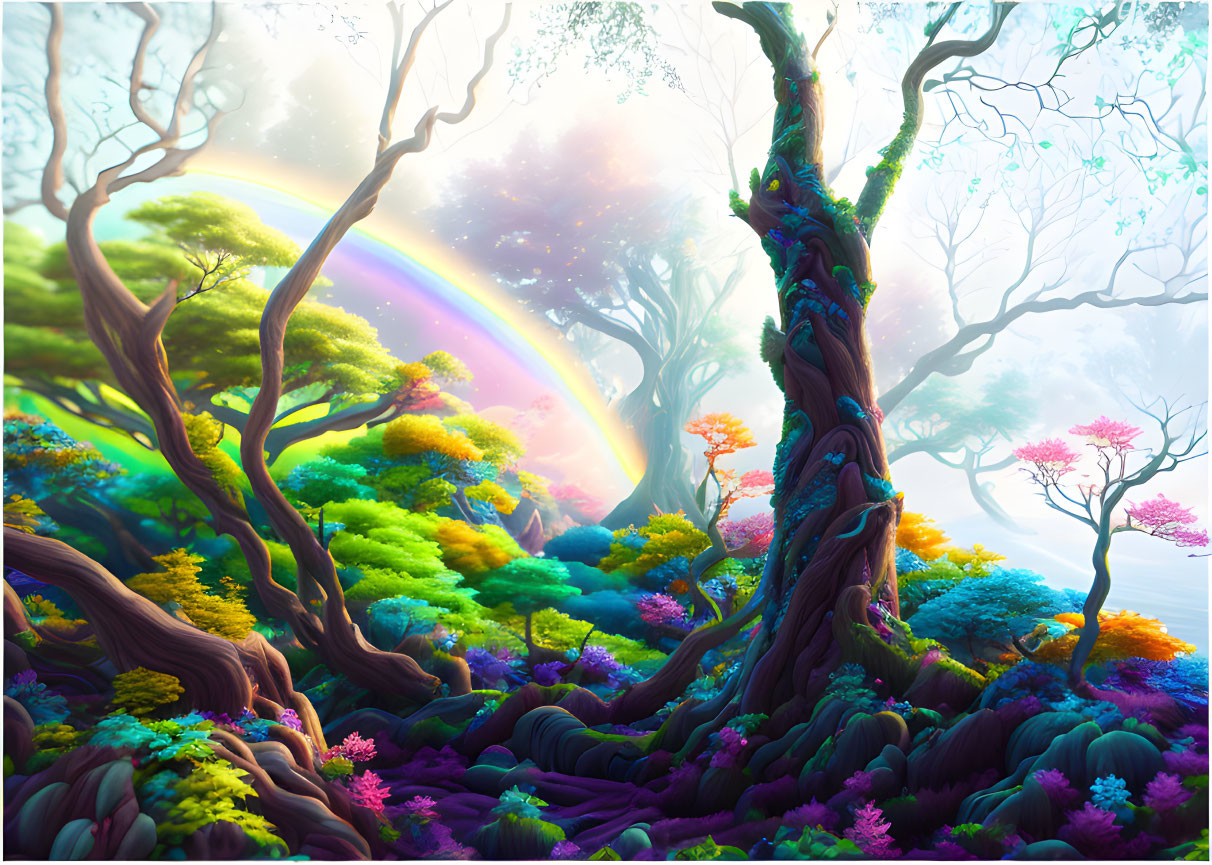 Colorful Rainbow Forest with Lush Trees and Vibrant Flora