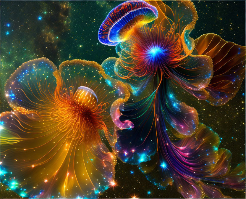 Colorful digital art: jellyfish-like creatures with glowing cores in cosmic setting