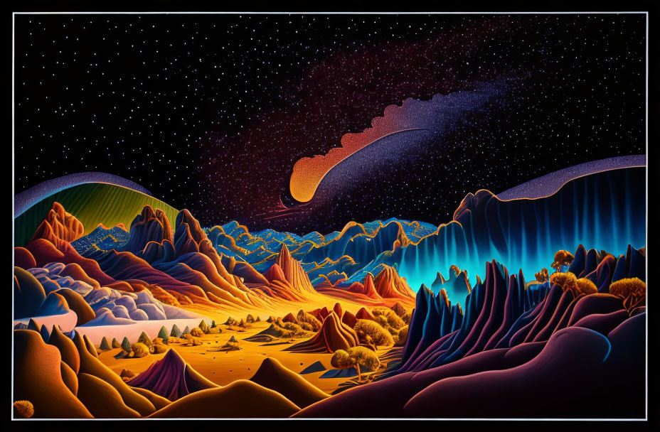 Stylized landscape at night: Glowing blue cliffs, desert dunes, trees, star-filled