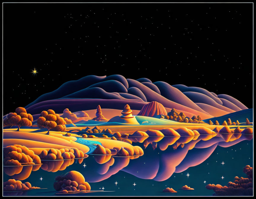 Stylized landscape with orange and blue hues: mountains, trees, water, starry night sky