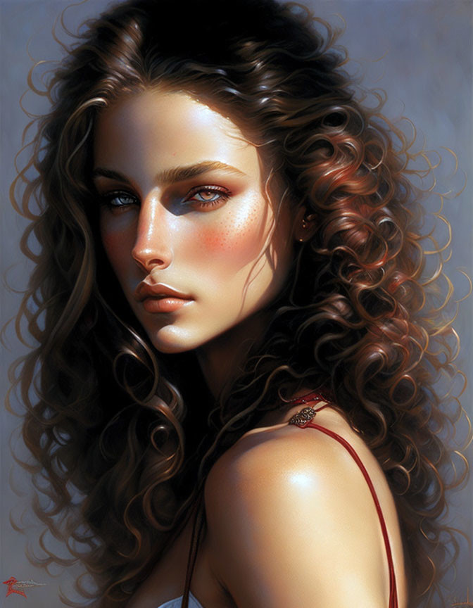 Detailed digital portrait of a serene woman with curly hair and freckles