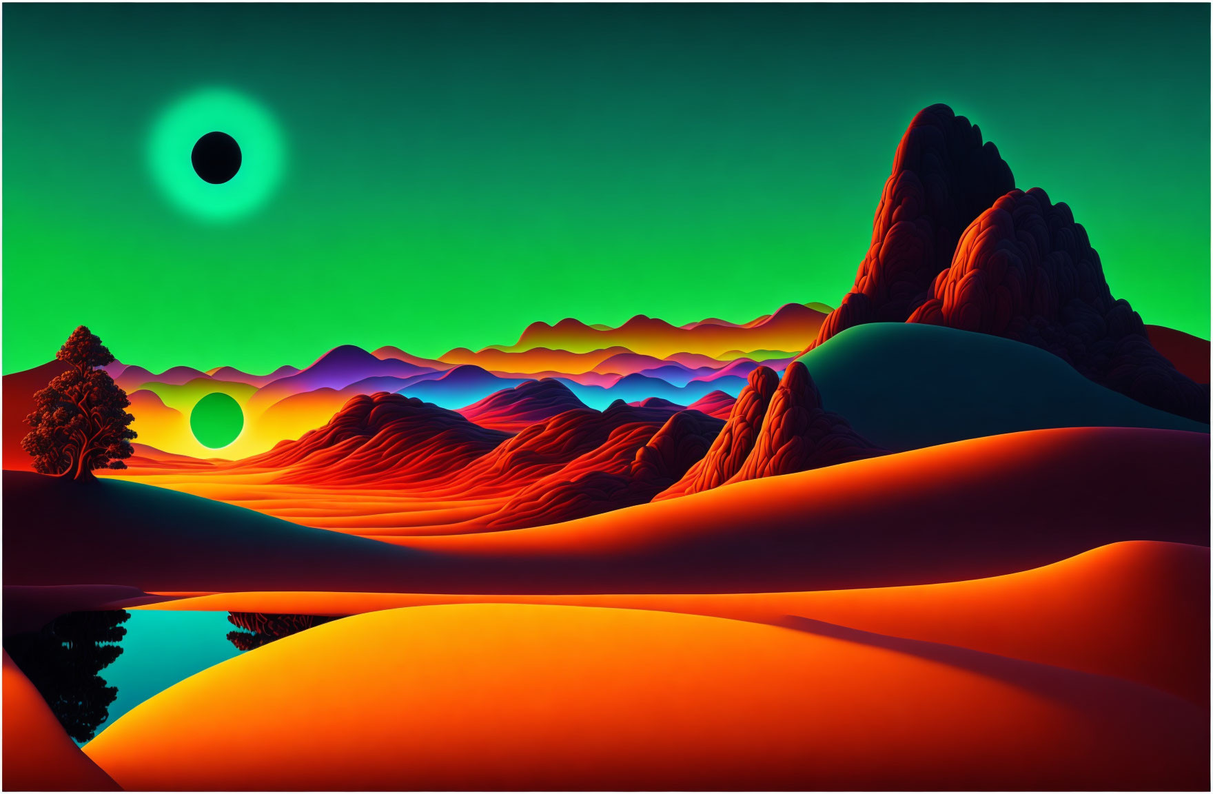 Colorful landscape with orange dunes, reflective water, silhouetted trees, purple mountains,