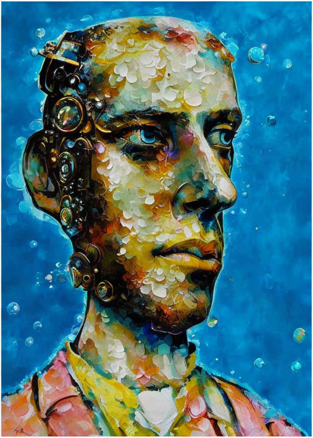 Vibrant artwork: Human figure with mechanical head on blue background