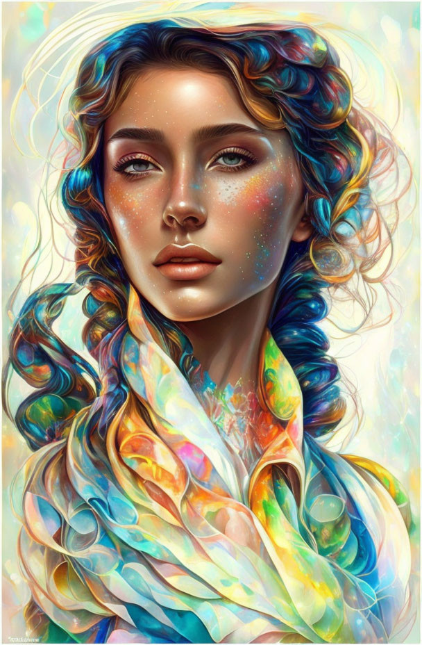 Multicolored wavy hair and vibrant scarf illustration with dreamy expression