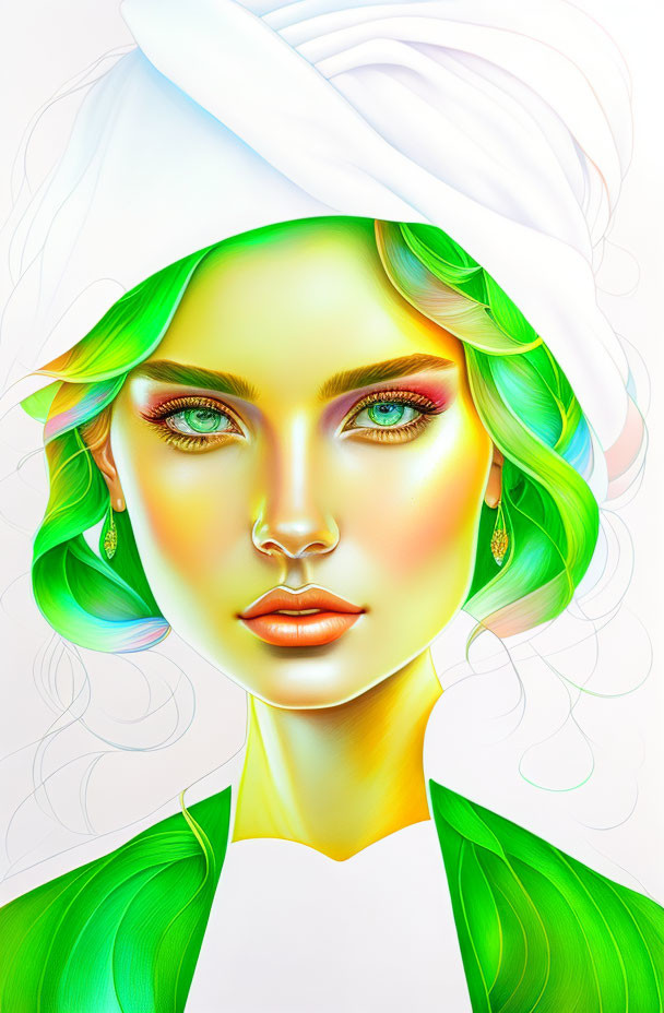 Vibrant green hair woman portrait with white turban