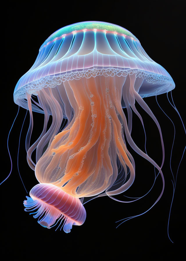 Luminous blue and orange jellyfish with trailing tentacles on dark background