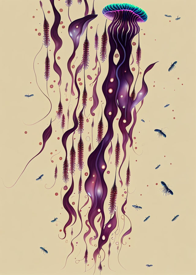 Stylized jellyfish with sea creatures on beige background